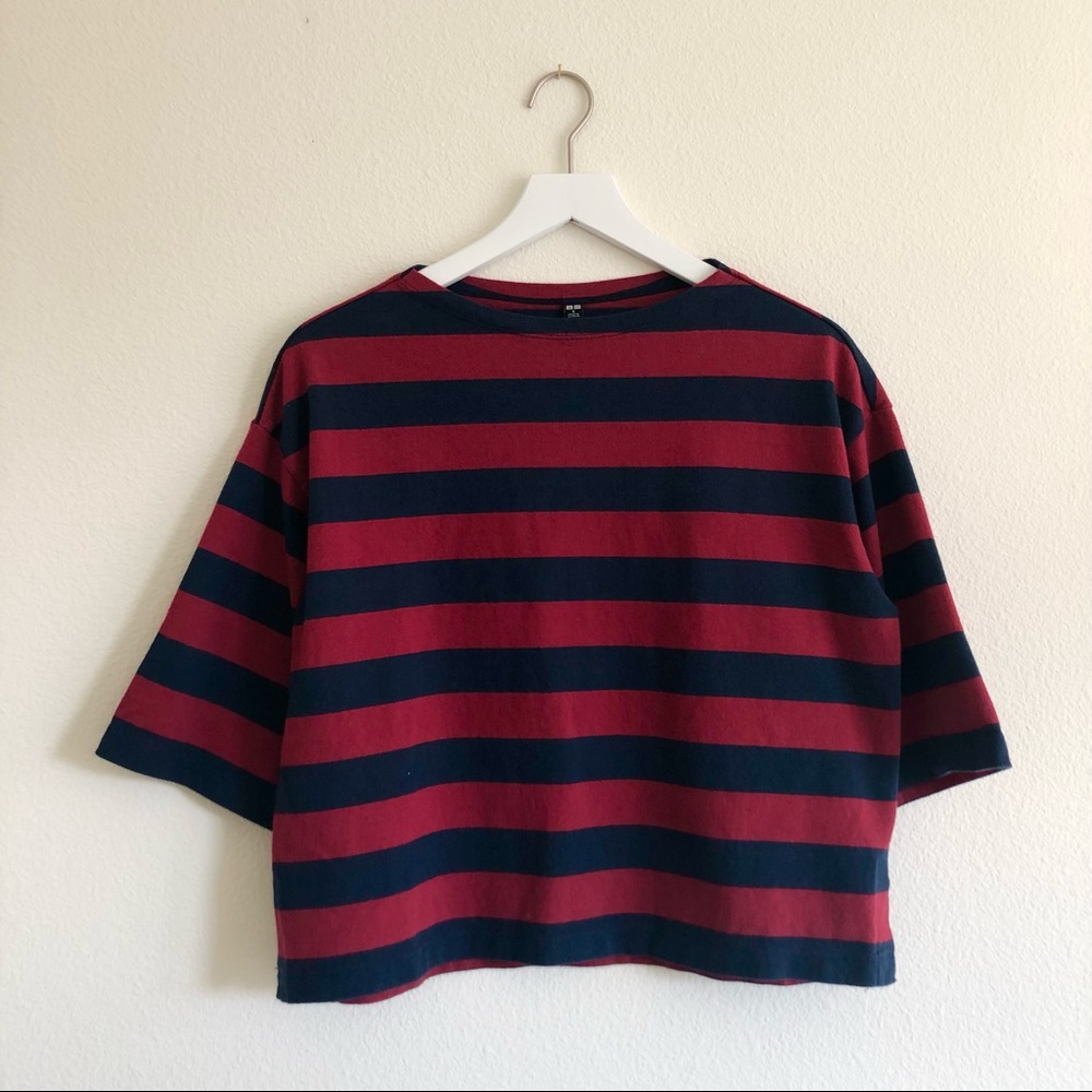 Uniqlo Rugby Stripe Oversize Crop Tee Small (Red and Navy) Midweight Jersey